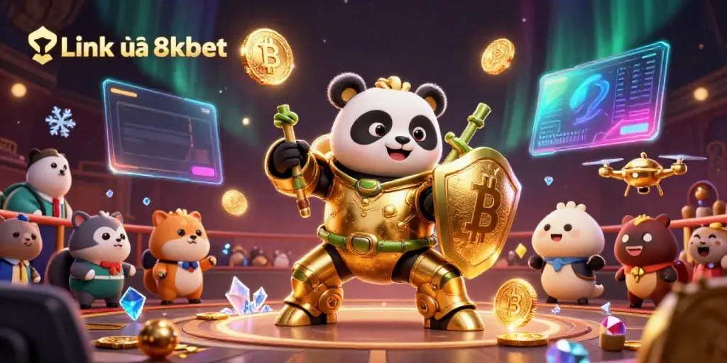 Experience the exciting Link vào 8kbet with vibrant 3D characters in a colorful casino arena.
