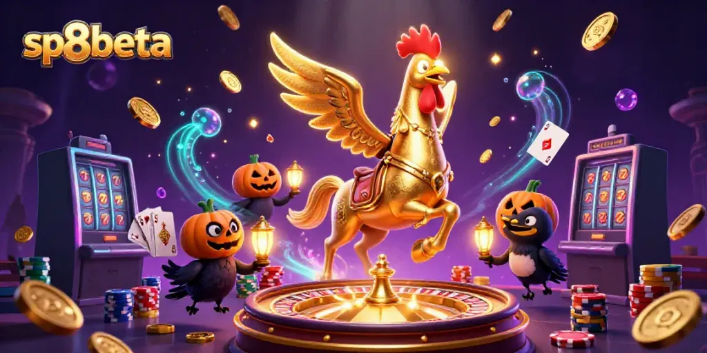 Experience the excitement of sp8beta with a golden rooster in a vibrant casino scene filled with dynamic gambling elements.