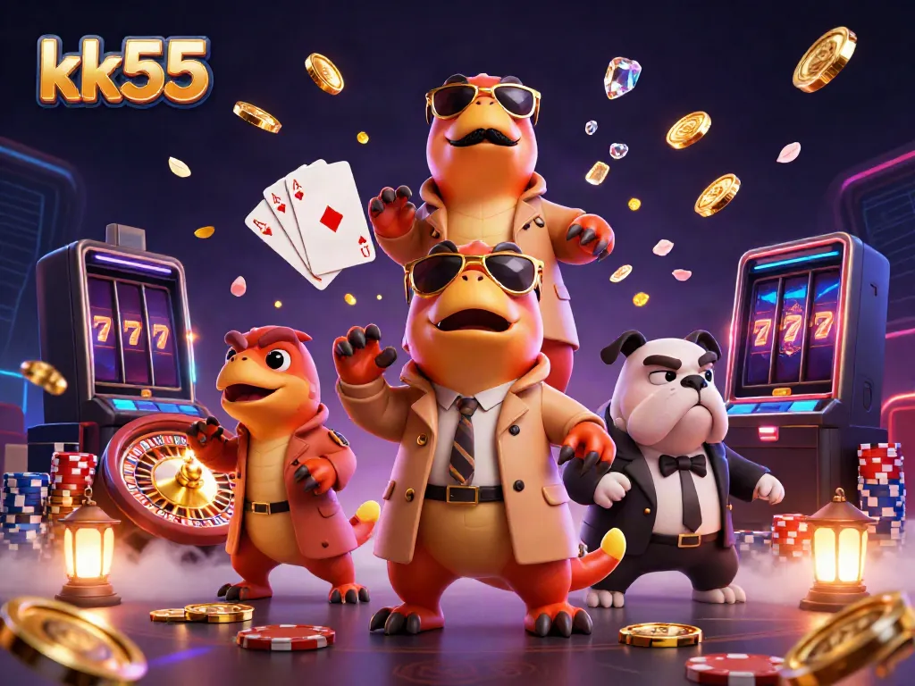 Win big at kk55 with three clever raptors trying to enter a VIP casino lounge amidst sparkling gems and coins.