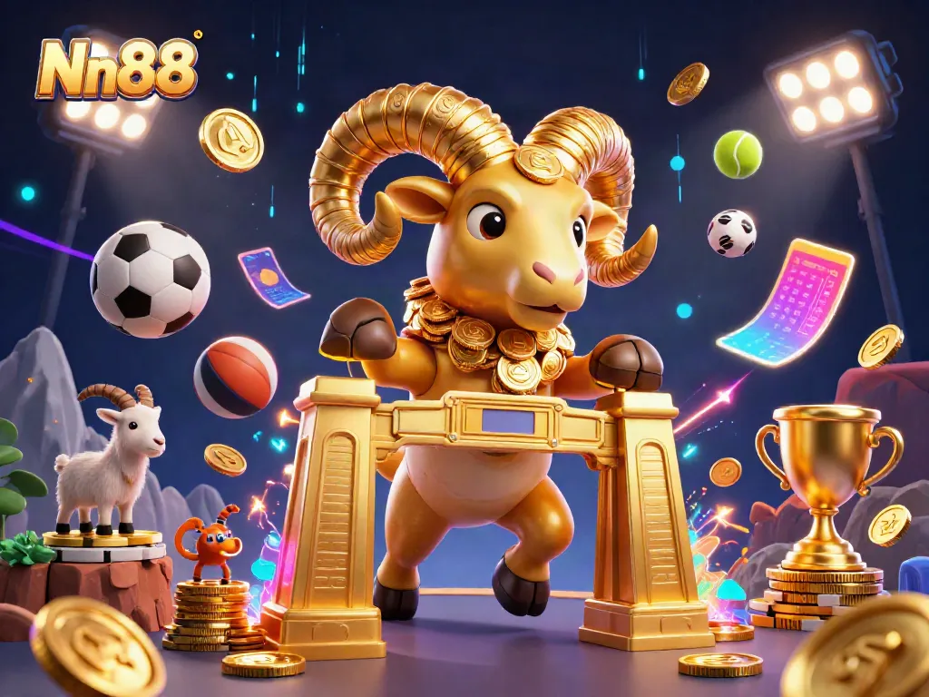 Experience excitement with Nn88 as golden ram charges through a dynamic casino scene filled with sports elements.