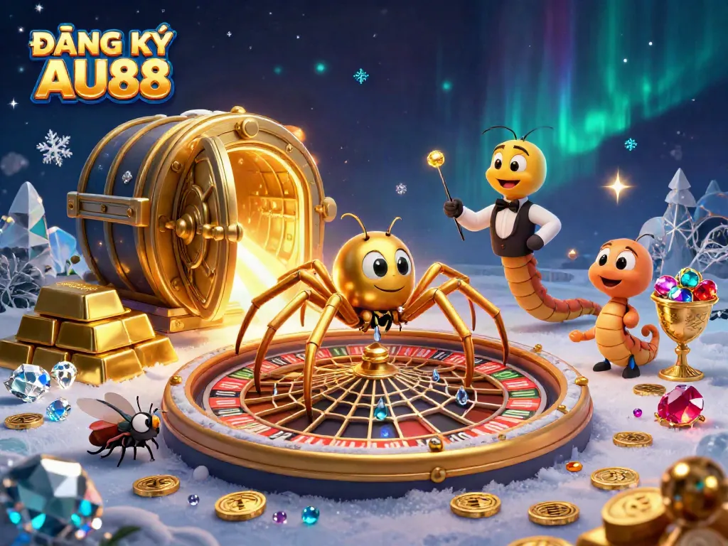 Experience the thrill of ĐĂNG KÝ AU88 at an exciting casino scene featuring a golden roulette wheel and playful characters.