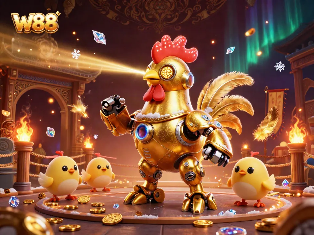 Experience thrilling gaming at W88 with the dynamic golden rooster robot and baby chick drones.