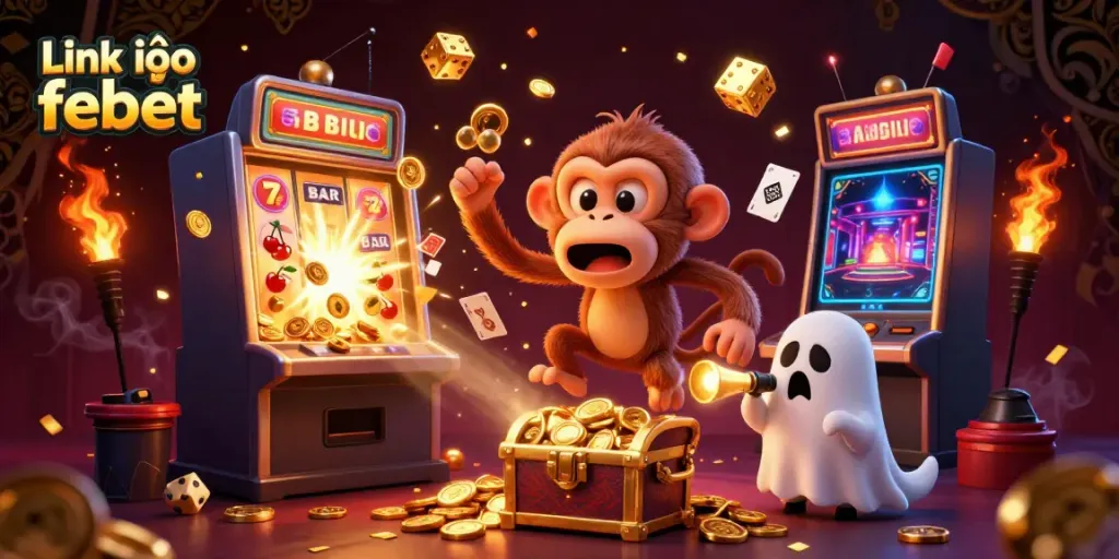 Experience the thrill at Link vào febet with a vibrant 3D casino scene featuring playful elements and golden treasures.
