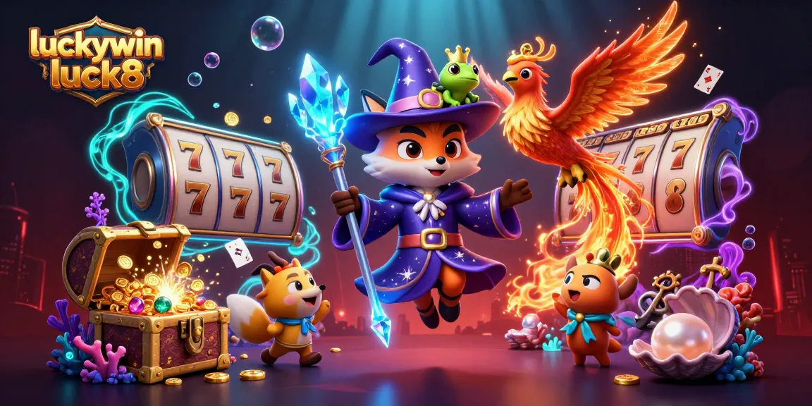 Win big with luckywin luck8 in this vibrant casino-themed illustration featuring a wizard fox.