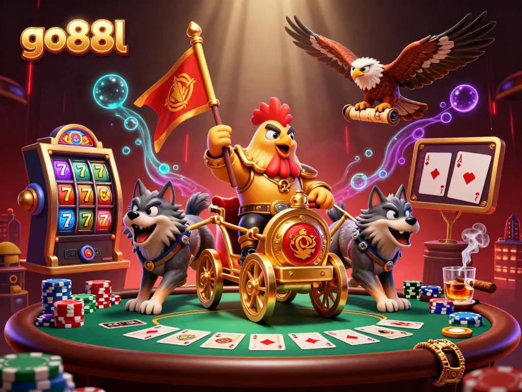 Play poker with go88l amid a 3D cartoon scene filled with vibrant casino elements.