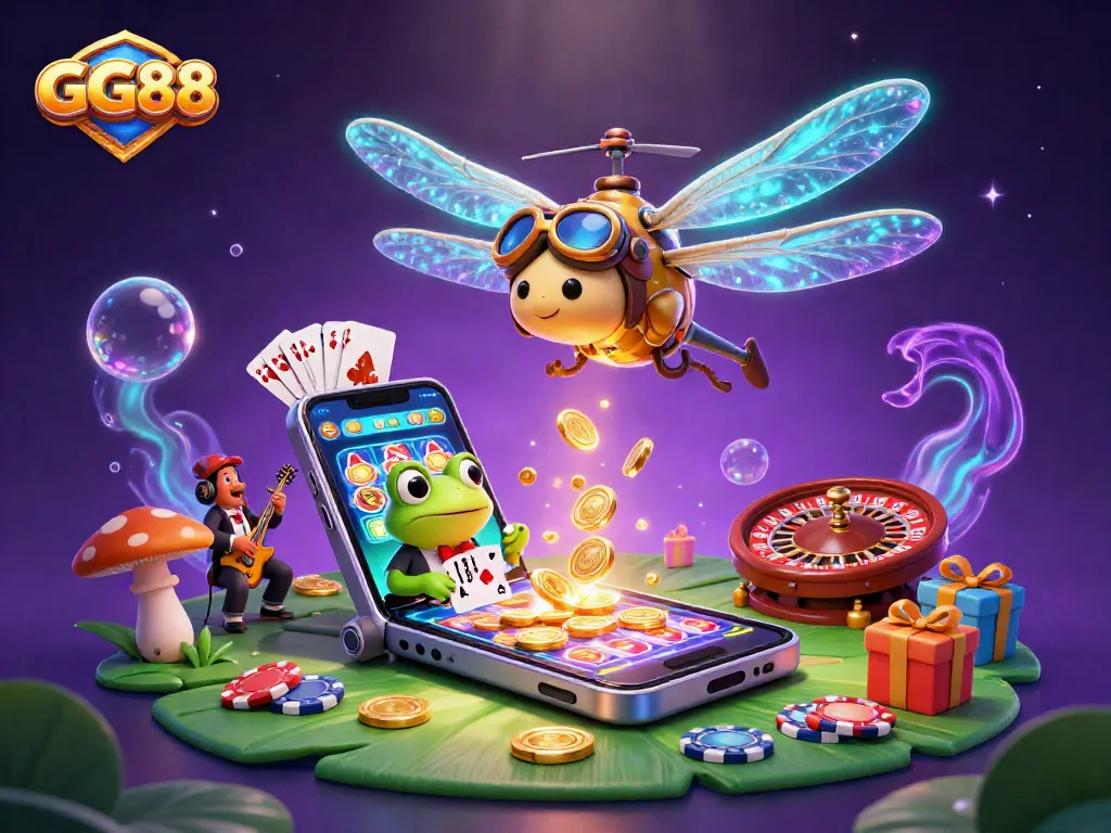 Engage in the thrilling world of GG88 with a vibrant dragonfly pilot at a lily pad casino showcasing dynamic games.