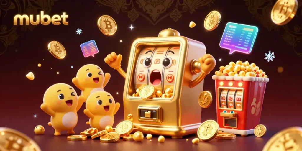 Experience the excitement of winning at mubet with a cartoon golden slot machine hitting a jackpot.