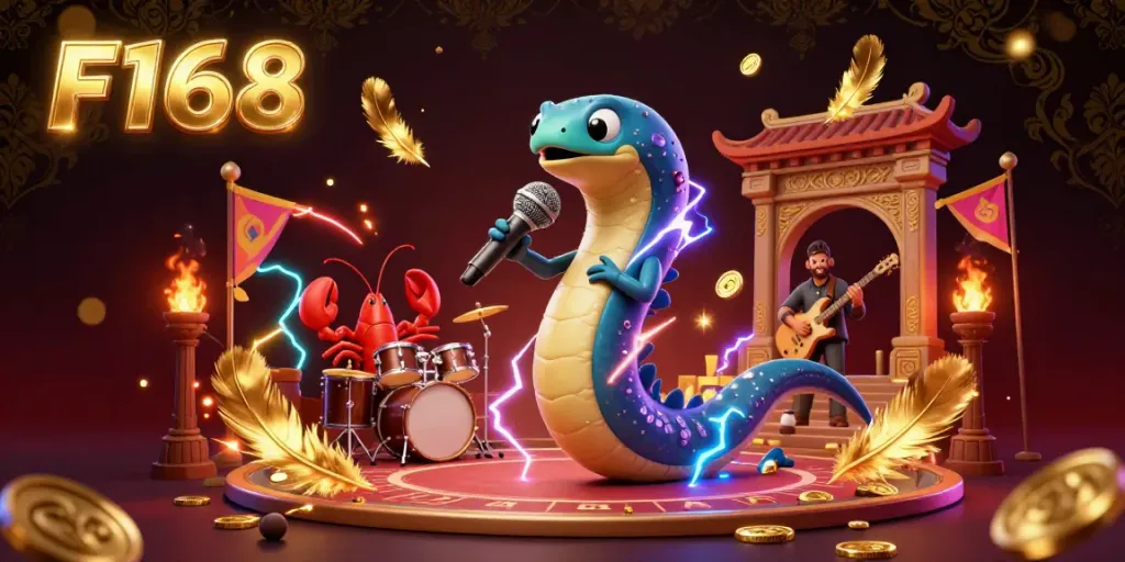 F168 showcases an electrifying underwater casino with a DJ electric eel and vibrant band, captivating gamers.