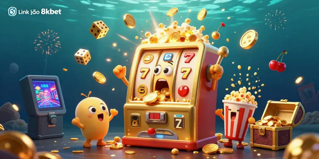 Experience excitement with Link vào 8kbet, featuring a joyful golden slot machine hitting a jackpot and coins flying everywhere.