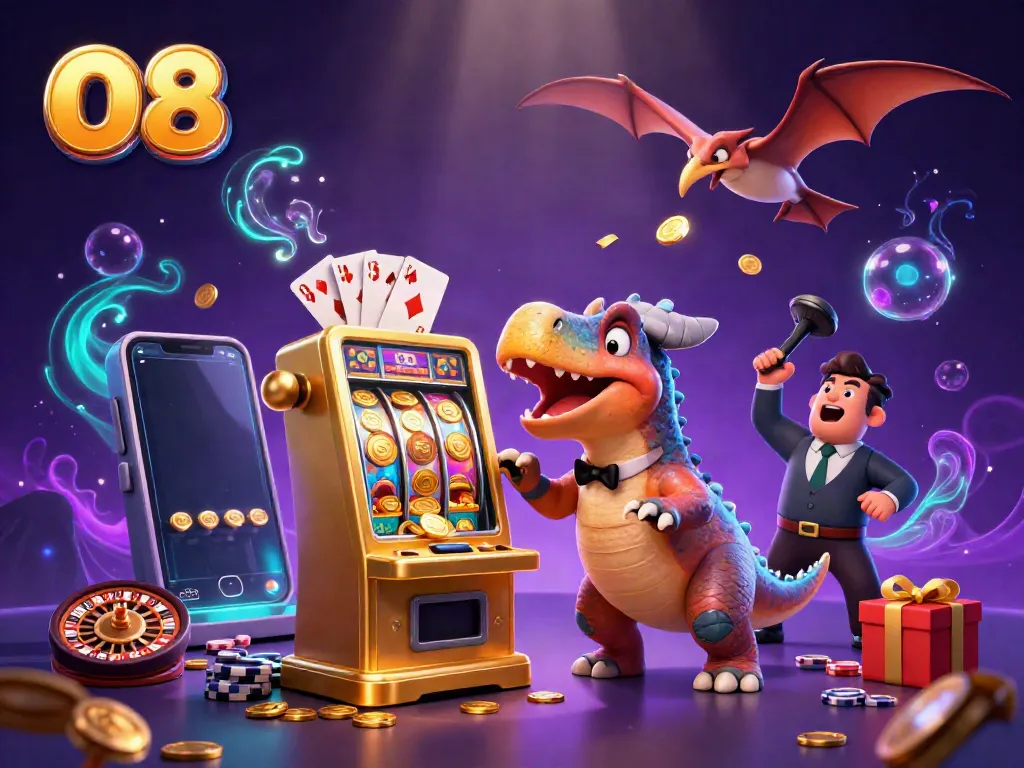 O8 casino illustration featuring a dinosaur playing a slot machine, surrounded by lottery elements.