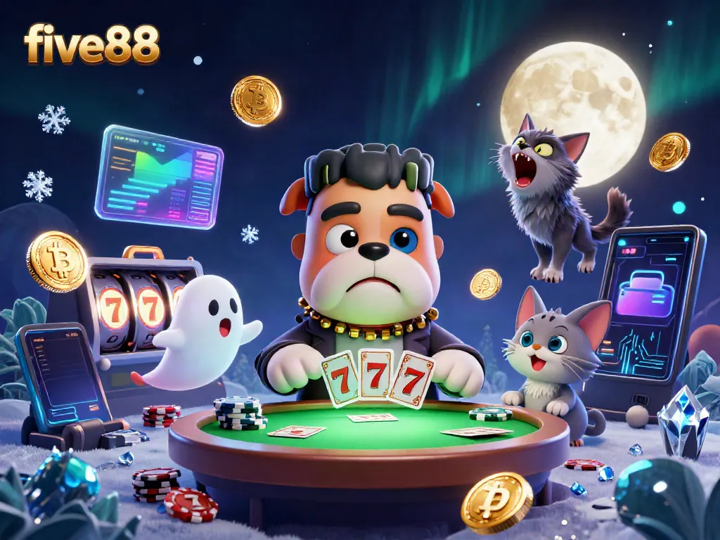 Engage in five88 action with a Frankenstein bulldog dealing cards at a casino table, surrounded by vibrant gaming elements.