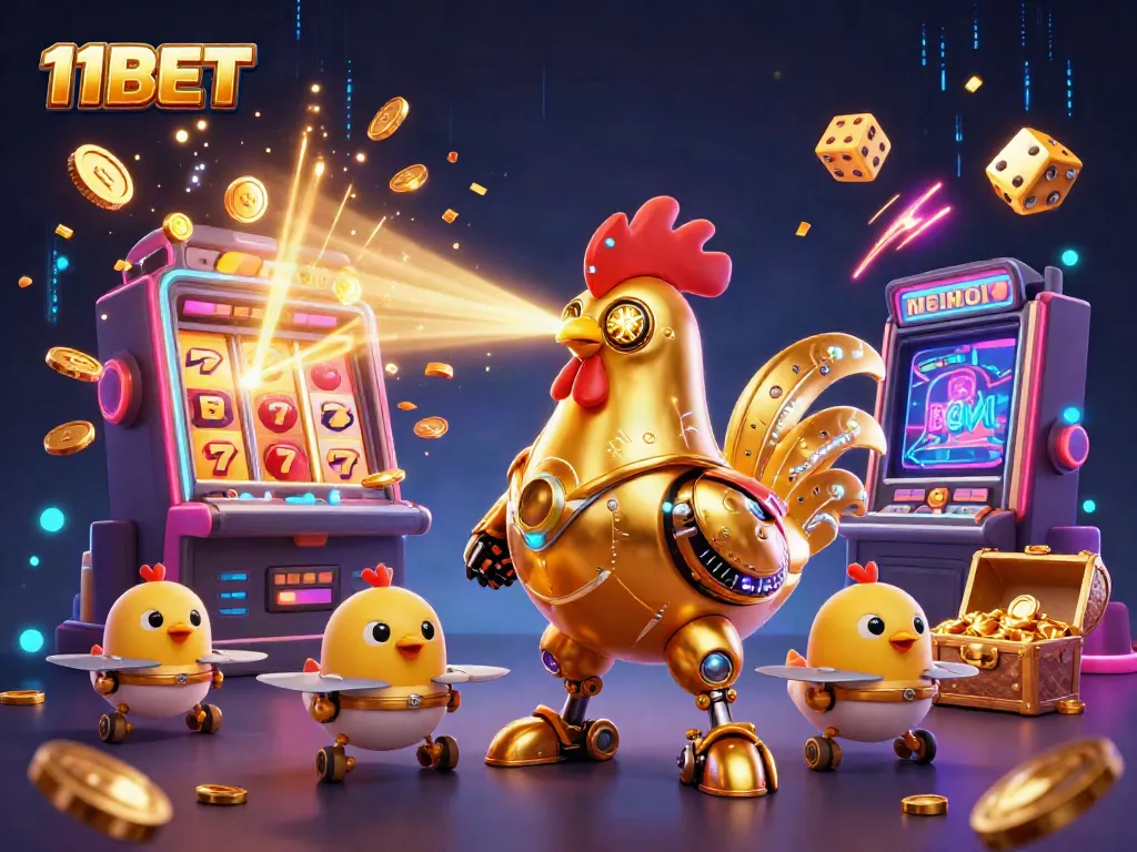 Experience thrilling action with 11BET's golden rooster robot and exciting casino elements.