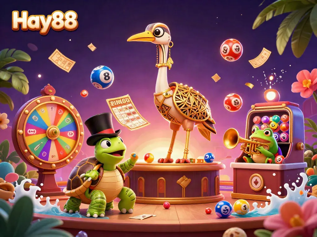 Experience the thrilling gambling atmosphere of Hay88 with diverse animated characters and lottery elements.