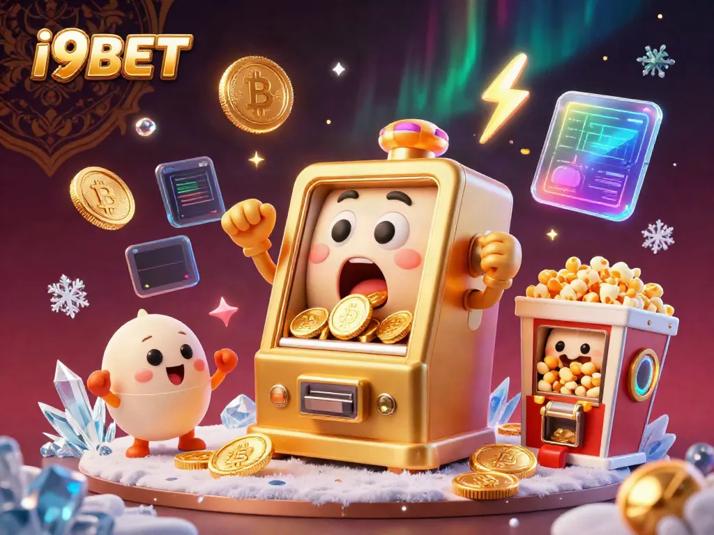 Witness the exciting jackpot moment at i9BET as a golden slot machine bursts coins, celebrating wins with vibrant crypto elements.