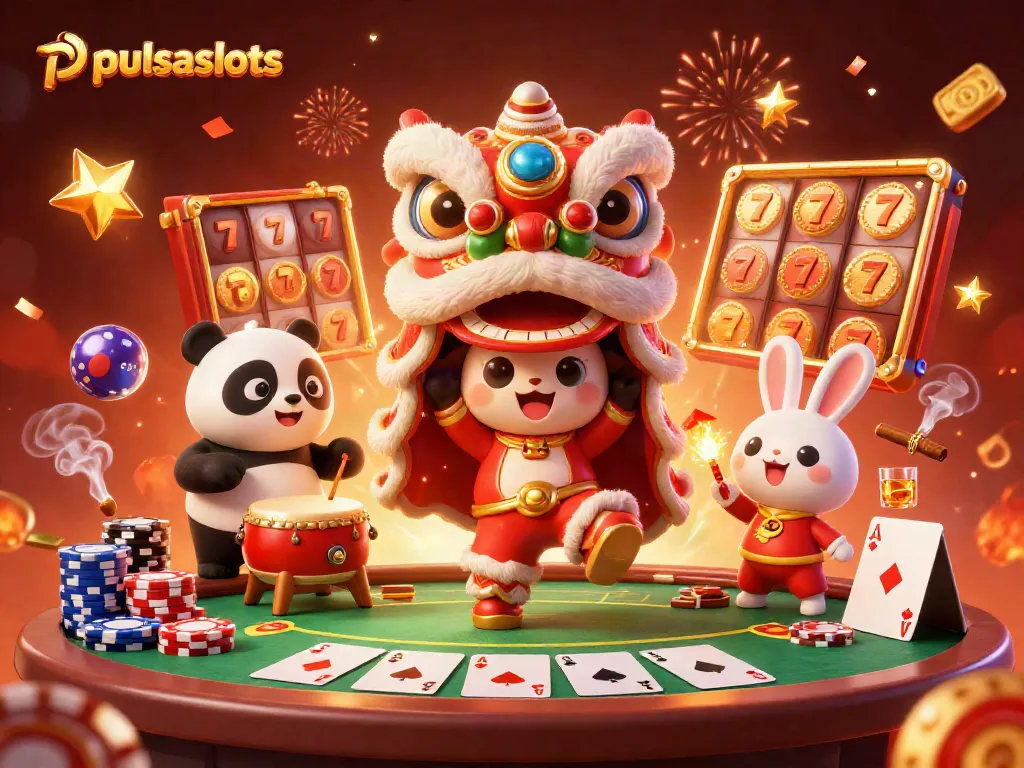 Engage with pulsaslots through a vibrant scene featuring a lion dance, slot elements, and festive decorations.
