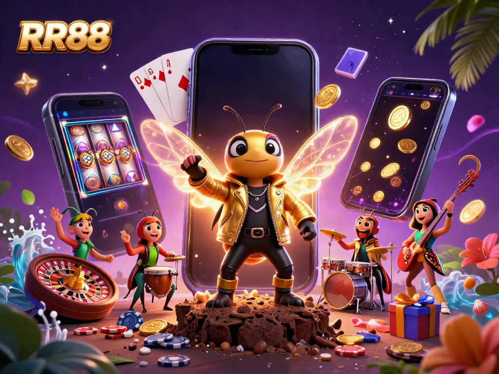 Engage in thrilling gameplay at RR88 with a vibrant 3D scene featuring exciting casino elements and characters.
