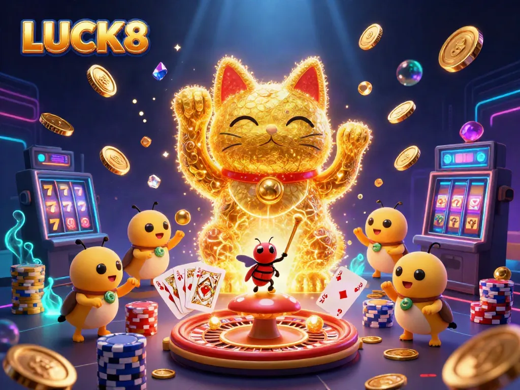 Engage in thrilling gameplay with LUCK8's stunning visuals featuring a giant lucky cat, casino symbols, and vibrant elements.