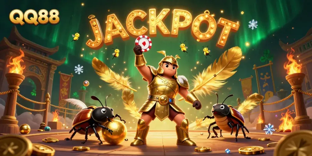Experience thrilling wins at QQ88 with a dynamic 3D illustration of a beetle champion lifting poker chips amidst casino excitement.