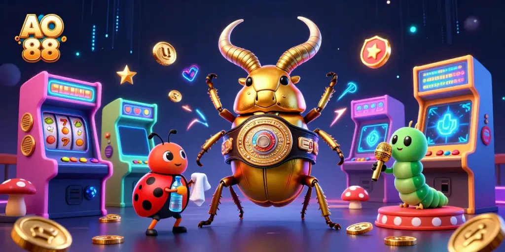 Experience AO 88's thrilling casino scene with a golden stag beetle, ladybug corner-man, and vibrant gaming elements.