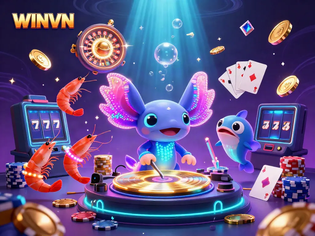 WINVN showcases a vibrant 3D casino scene with neon characters celebrating jackpots and good fortune.