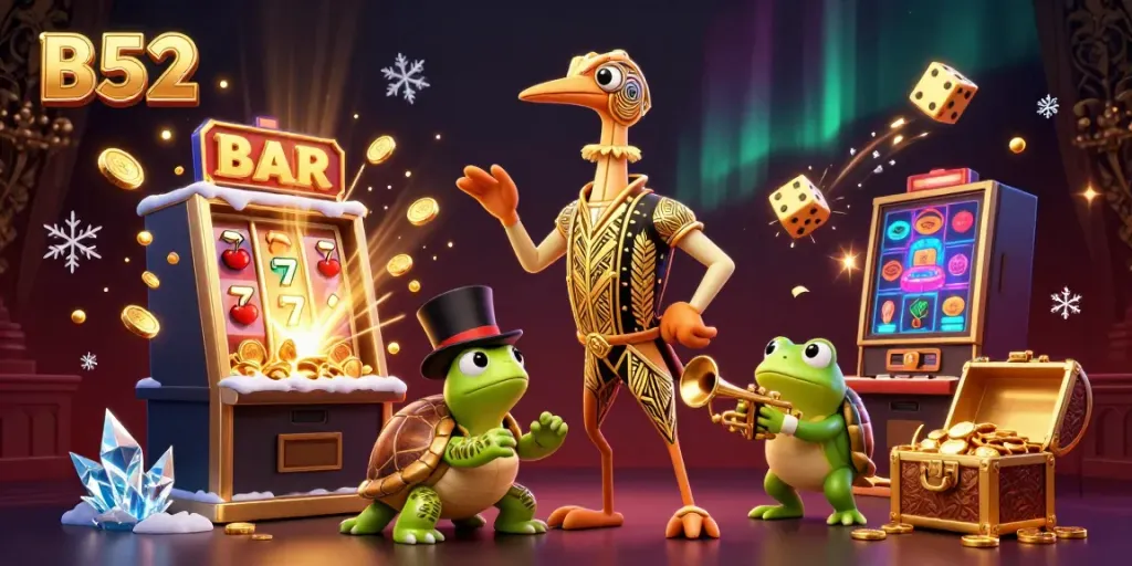 Engaging B52 casino illustration with lively characters at a jackpot scene promoting gambling excitement.
