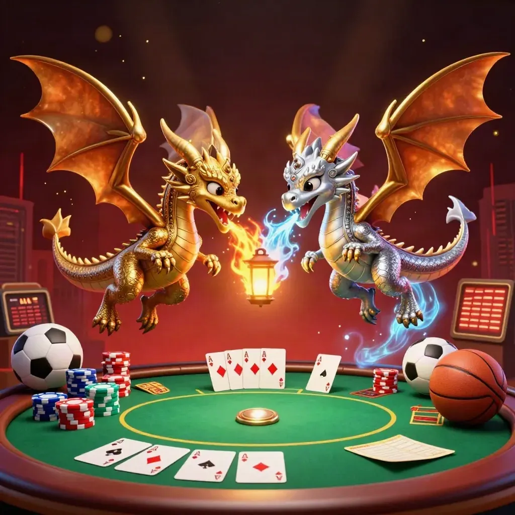 Gold and silver dragons swirl over casino chips, cards, and sports props in a dark red neon glow.