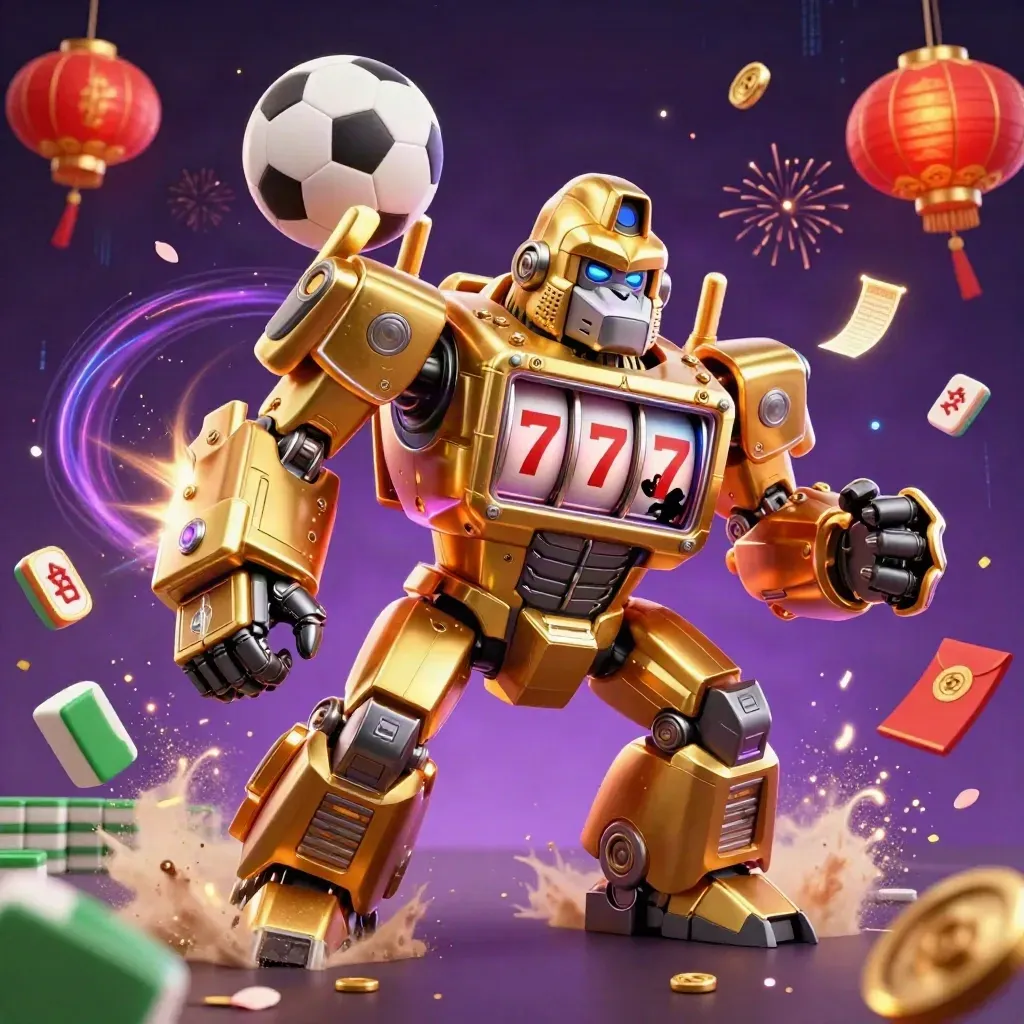 Golden gorilla mech and tiny monkey pilot amid flying balls, coins, lanterns, and neon energy.