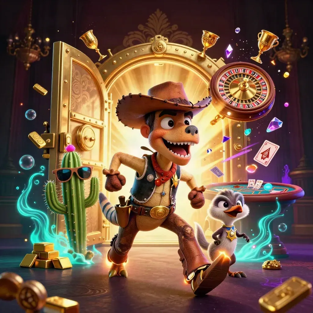 Cowboy T-Rex, cactus sidekick, and sheriff roadrunner burst from a glowing gold vault with casino treasures.