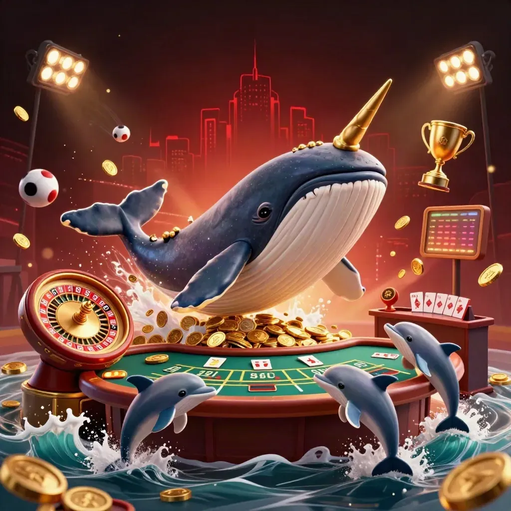 Whale captain, narwhal, and dolphins burst from coins amid casino lights and treasure.