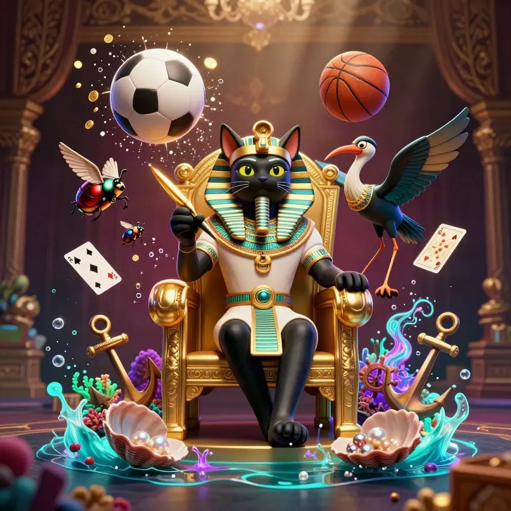 Pharaoh cat, ibis scribe and gem-wing scarabs amid flying balls, coins, coral and casino glow