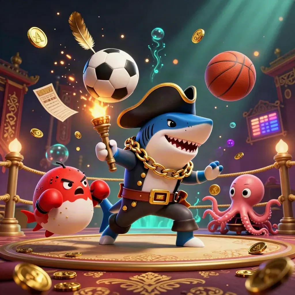 Pirate shark, boxing pufferfish and coin-juggling octopus with flying sports balls and casino glow