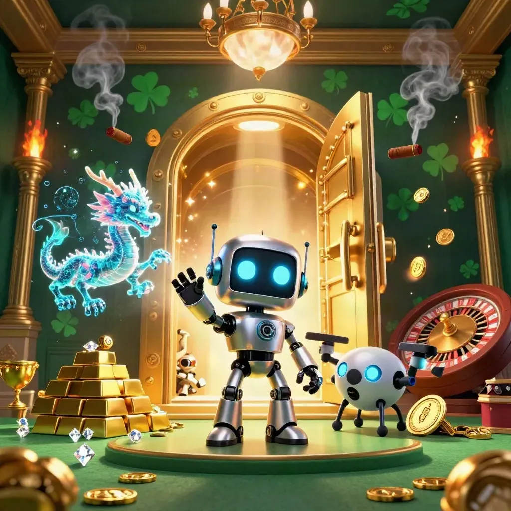 Robot mascot, holographic dragon, and drone amid vault gold, gems, brass, and casino glow.