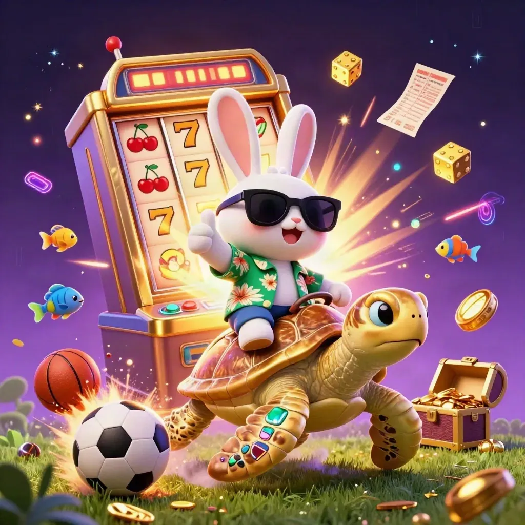 Lucky rabbit rides a golden turtle through a casino sports burst of balls, slots, gold, and neon.