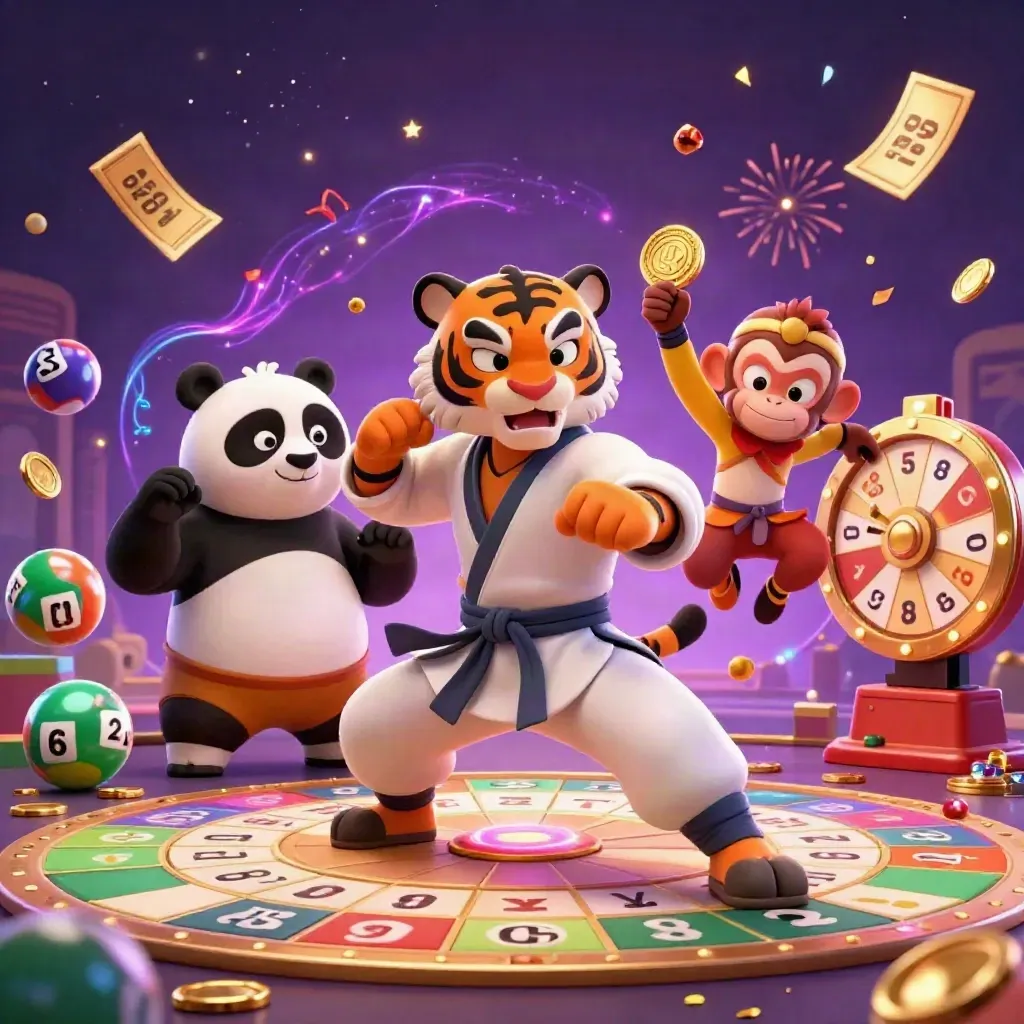 Tiger, panda, and monkey amid casino magic, prize wheels, and sparkling confetti.