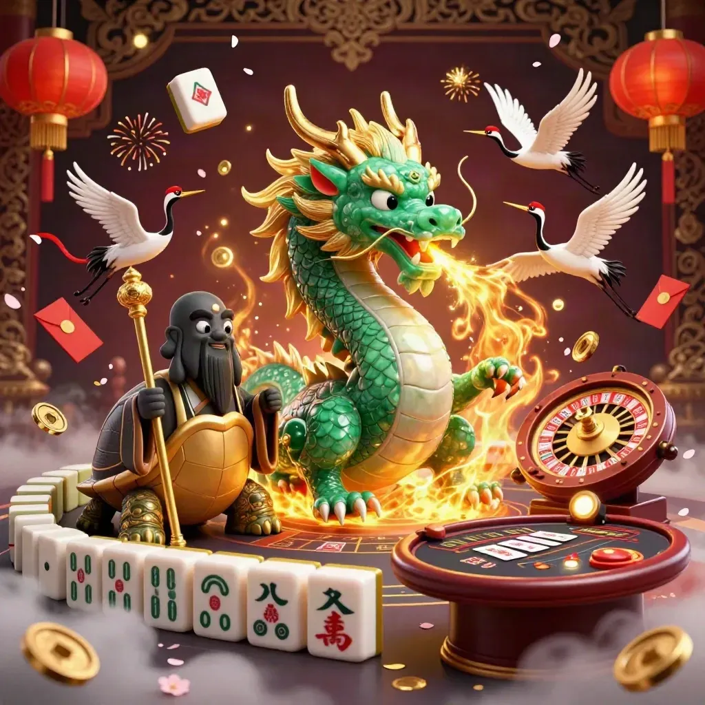 Emerald dragon, turtle sage, and cranes amid casino props in a luxe burgundy-gold scene.