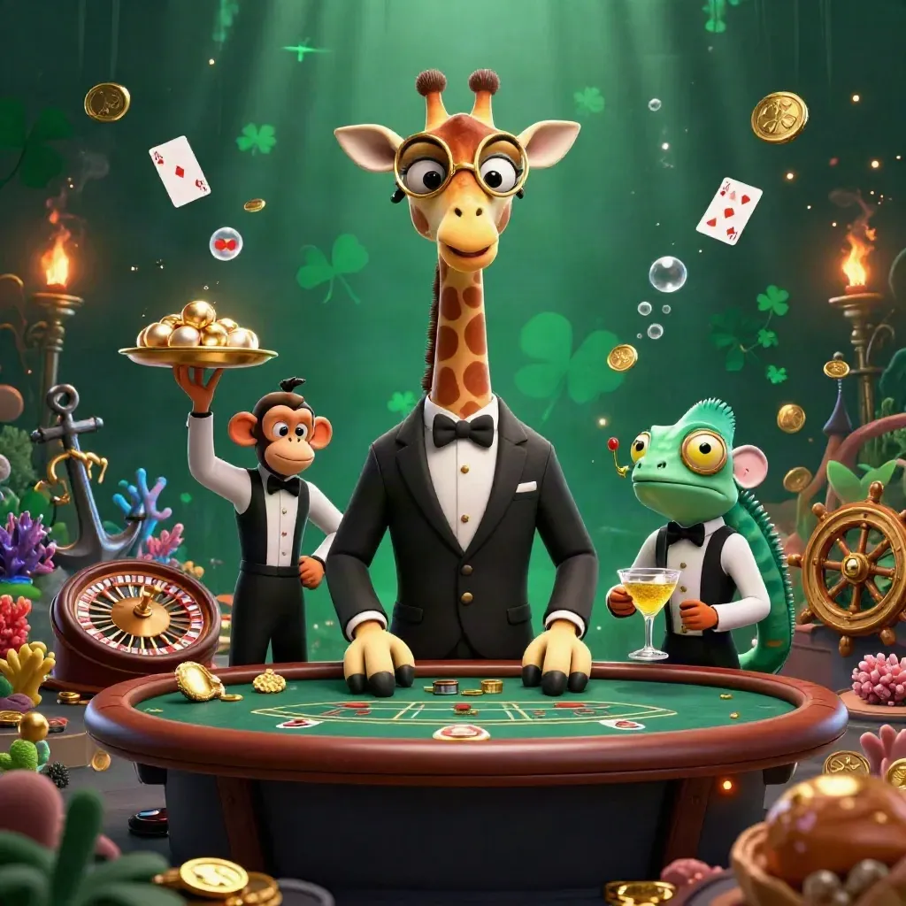 3D giraffe high roller, monkey valet, and chameleon bartender in a luxe emerald casino scene