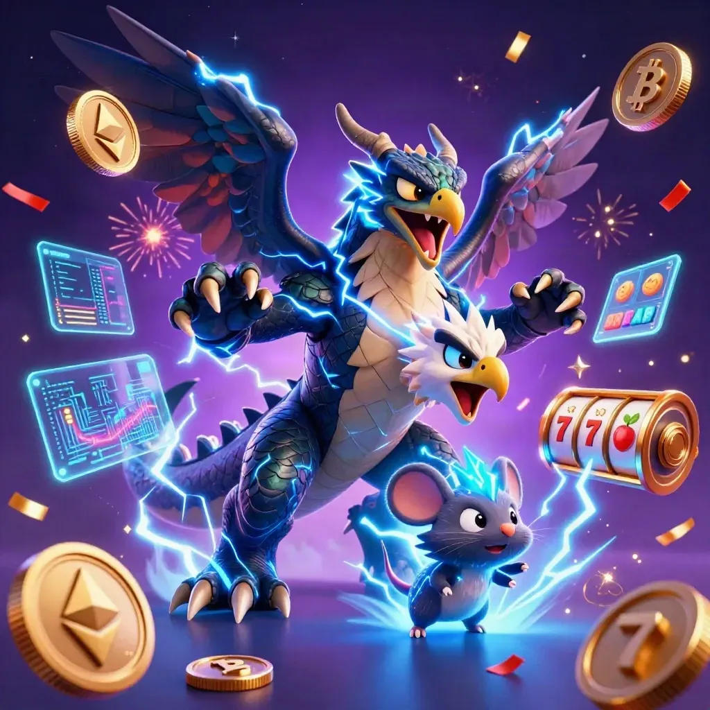 Thunder dragon, wind hawk, and crackling mouse amid coins, lightning, and casino treasures.