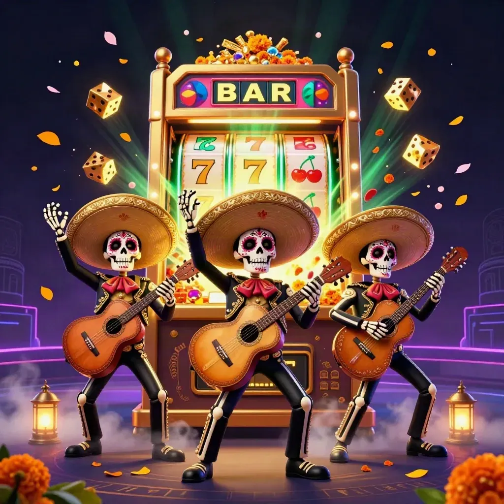 Three skeleton mariachi performers amid exploding casino loot, glowing slot machine and gold on a dark neon backdrop.