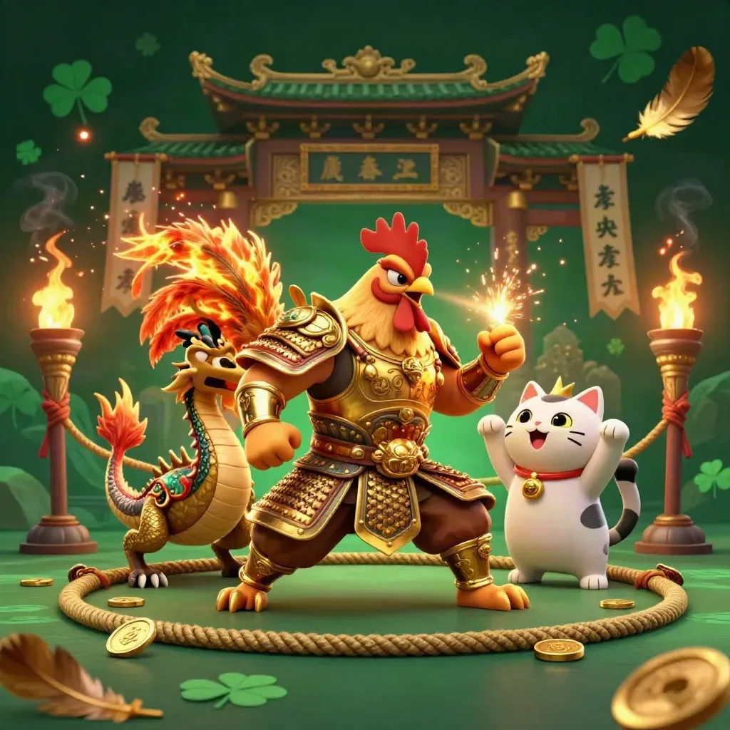 Rooster warrior, spark-breathing dragon hatchling and cheering fortune-cat in an emerald casino battle scene.