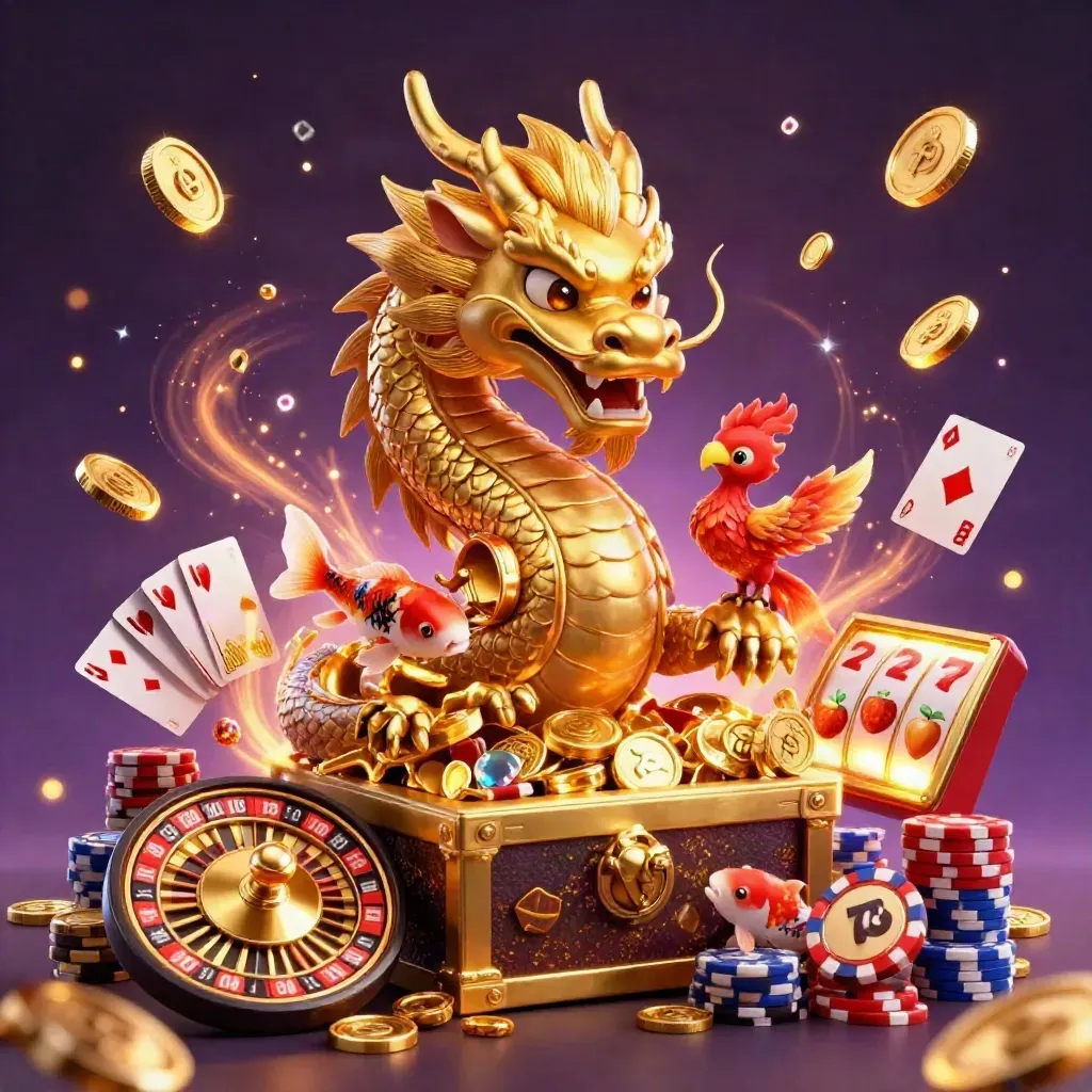 Golden dragon with phoenix and koi amid casino treasures, coins, cards, chips, and glowing effects.