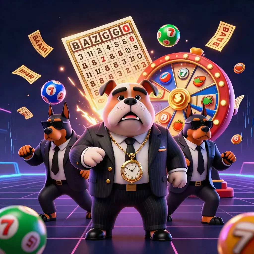 Bulldog boss and Doberman guards amid casino bursts, neon grid, tickets, and glowing game icons.