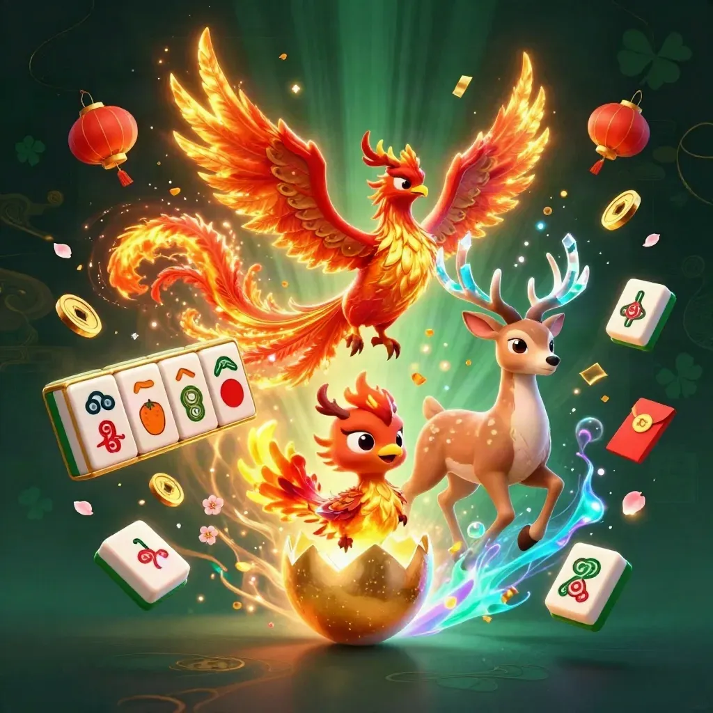 Phoenix, baby phoenix, and crystal stag burst through neon casino treasure in emerald glow.