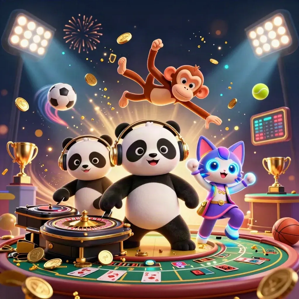 Cartoon panda DJ, monkey, and glow kitten celebrate with casino gold, lights, and fireworks