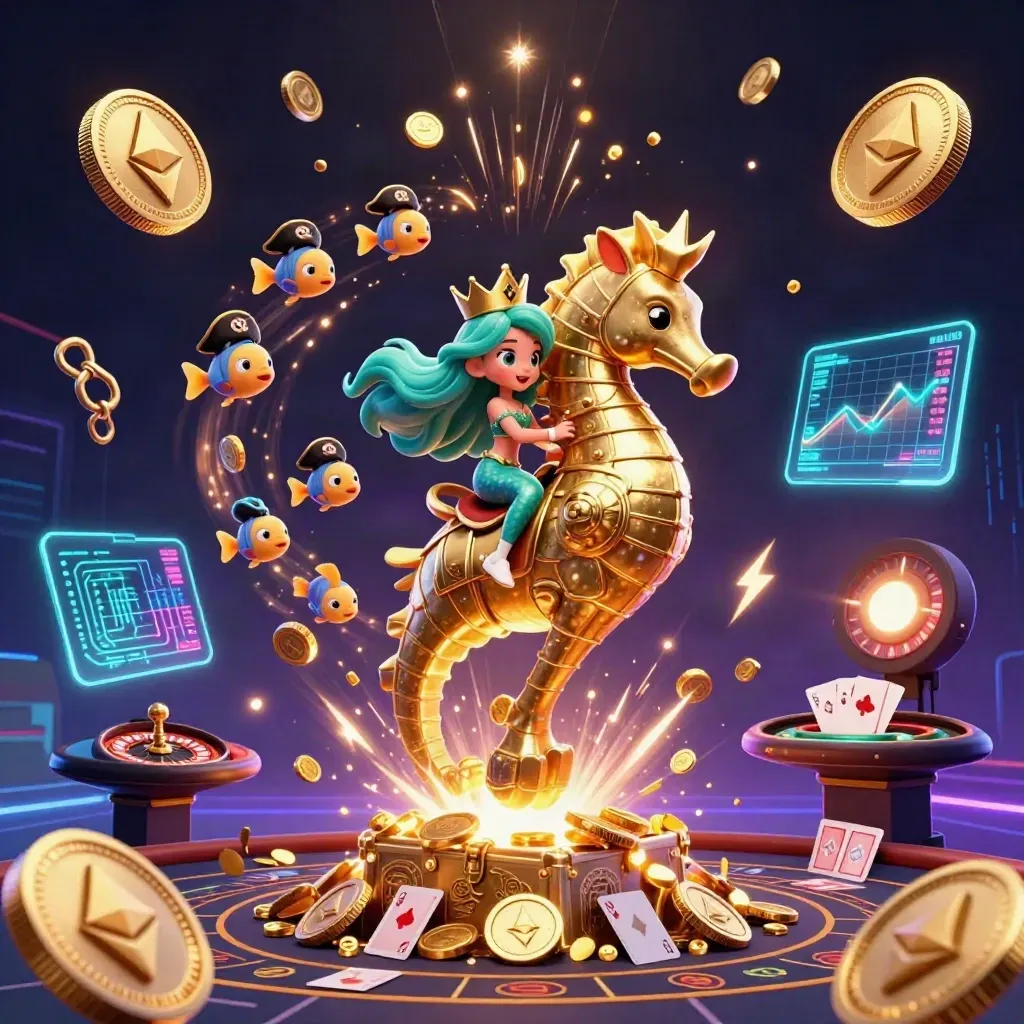 Mermaid princess on armored seahorse amid casino coins, charts, and neon effects.