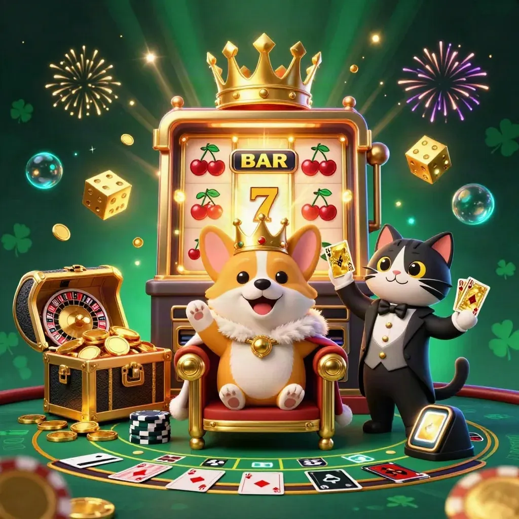 Royal corgi and cat butler amid jackpot bursts, coins, fireworks, and neon casino glow.