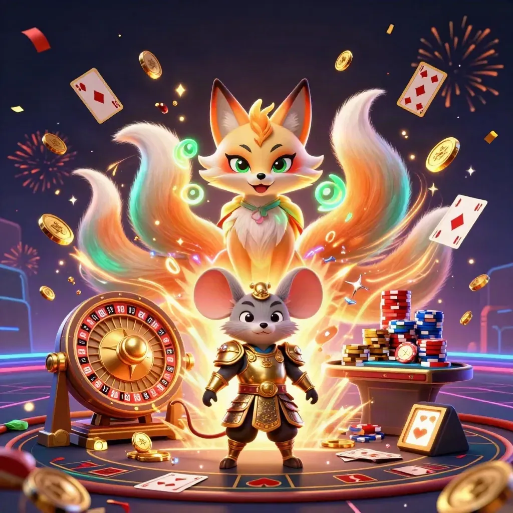 Neon fox spirit and armored mouse amid coins, chips, cards, roulette wheel and fireworks.