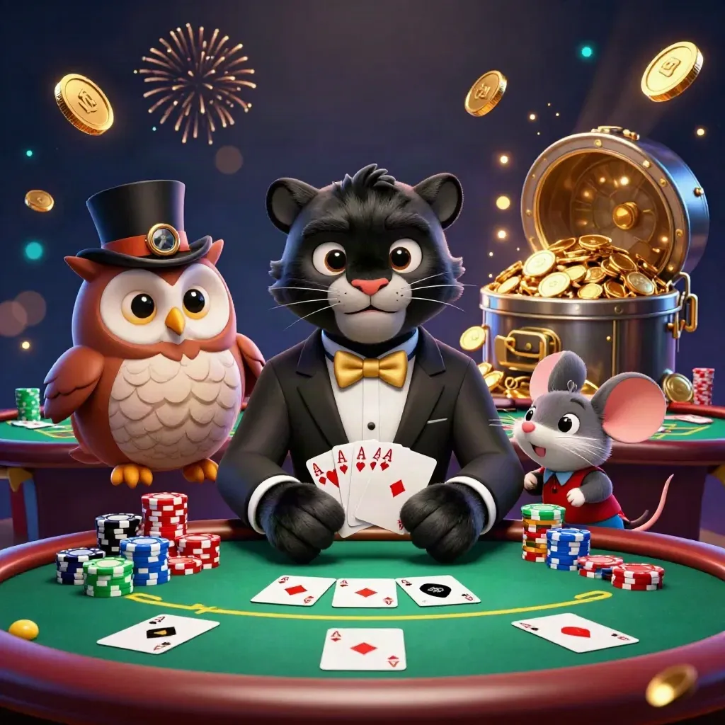 Panther, owl, and mouse casino heroes amid chips, cards, spinning wheel, coins, and glowing vault burst