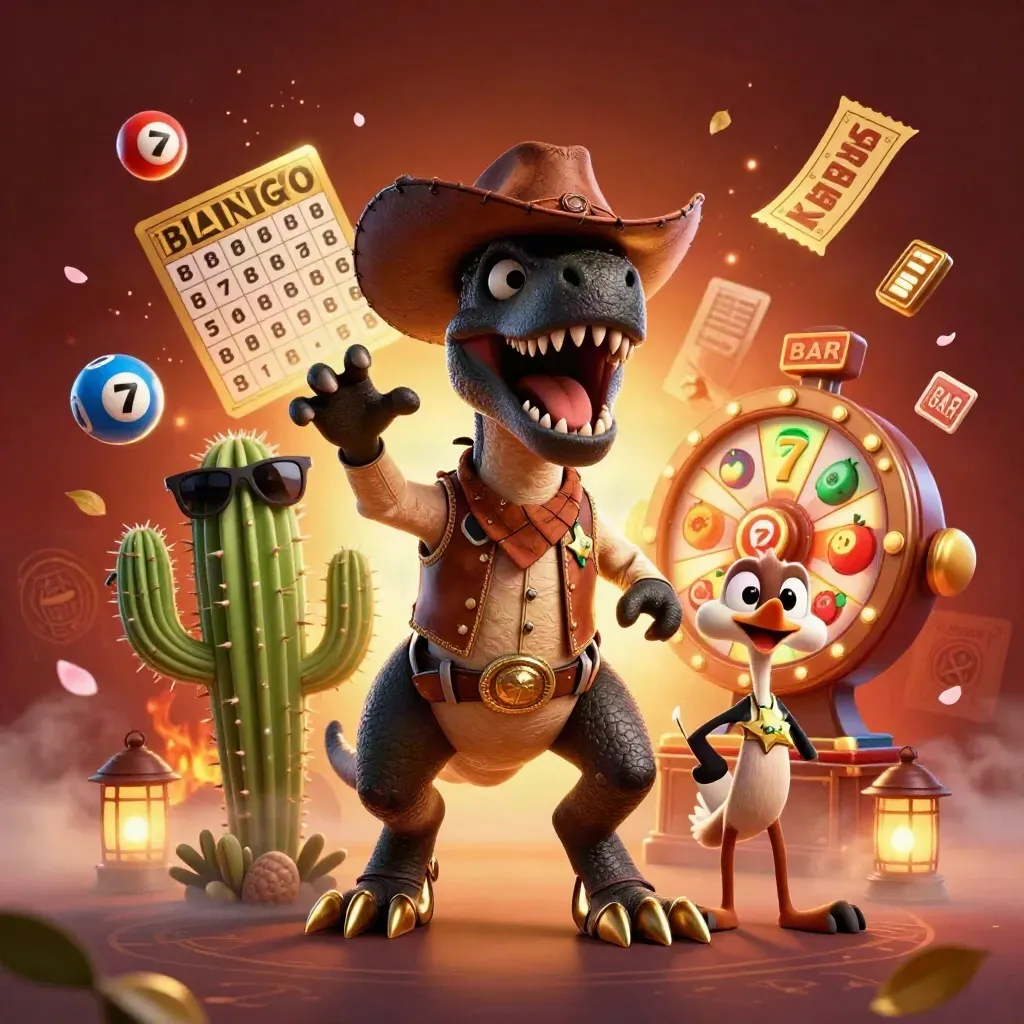T-Rex cowboy, cactus sidekick, and roadrunner amid casino bursts and ember glow