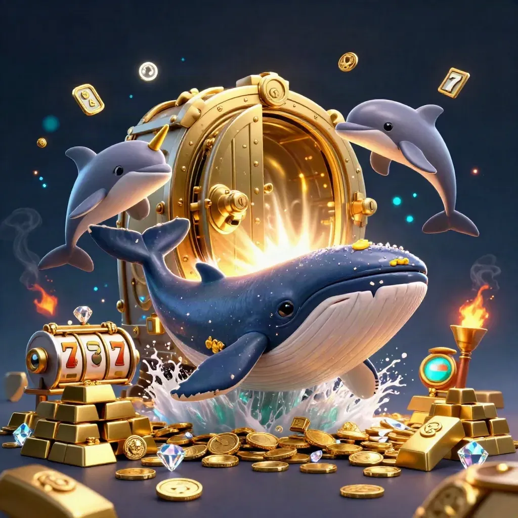 Captain whale, narwhal, and dolphins burst through coins beside a glowing vault