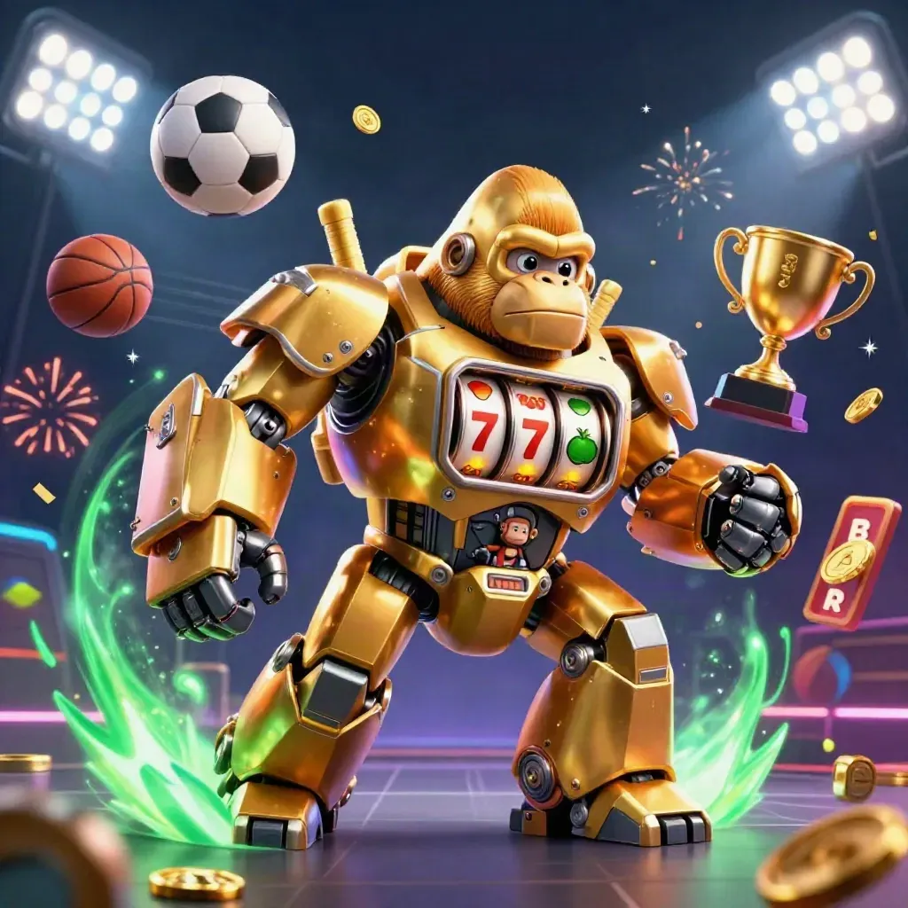 Golden gorilla slot mech with monkey pilot, reels, coins, sports balls, fireworks on neon grid.